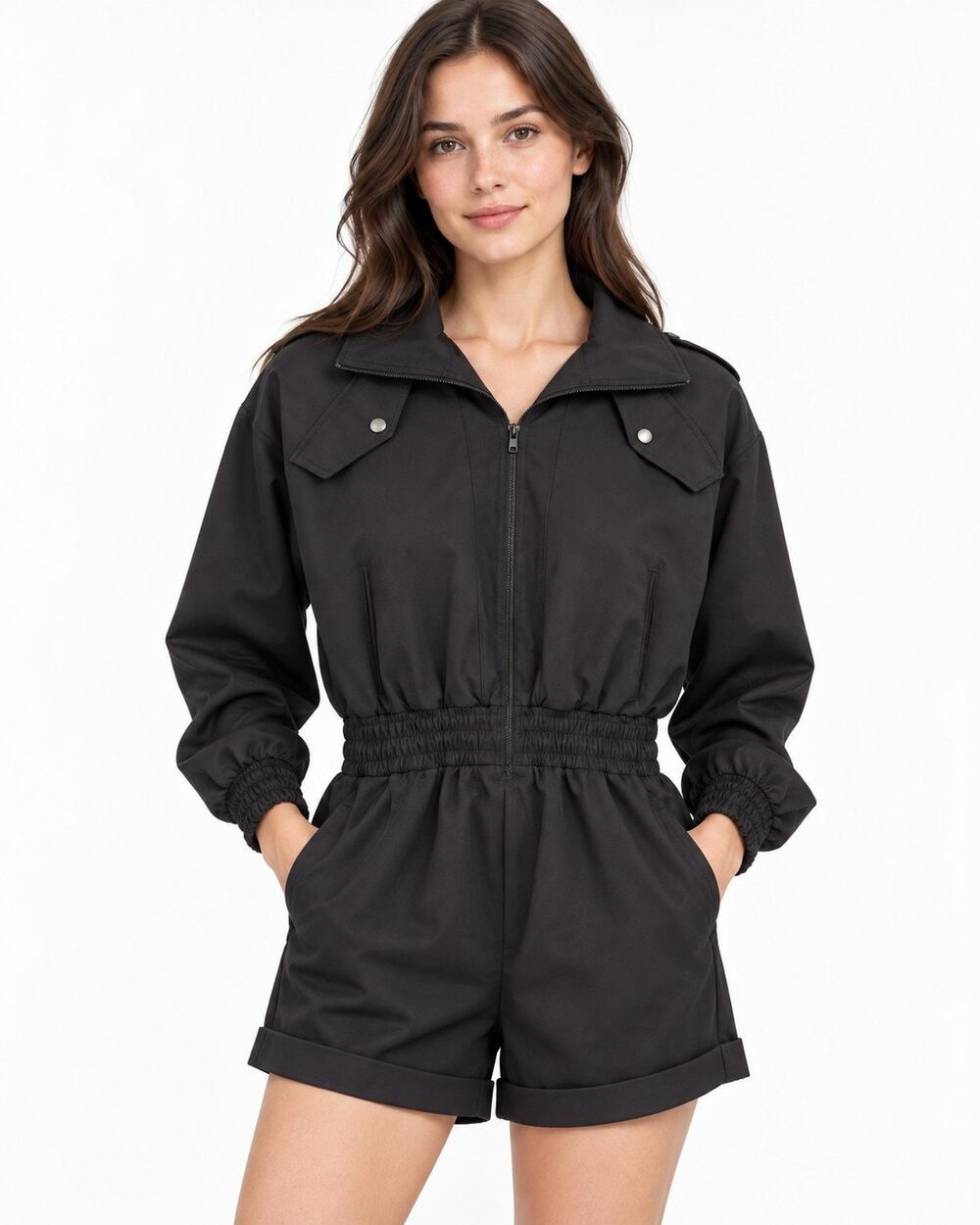 Nonchalant NWT Jaci Satin Utility Romper Sz S Black Zip Pockets